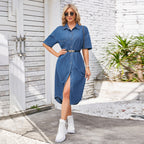 Washed Denim Short-Sleeve Dress