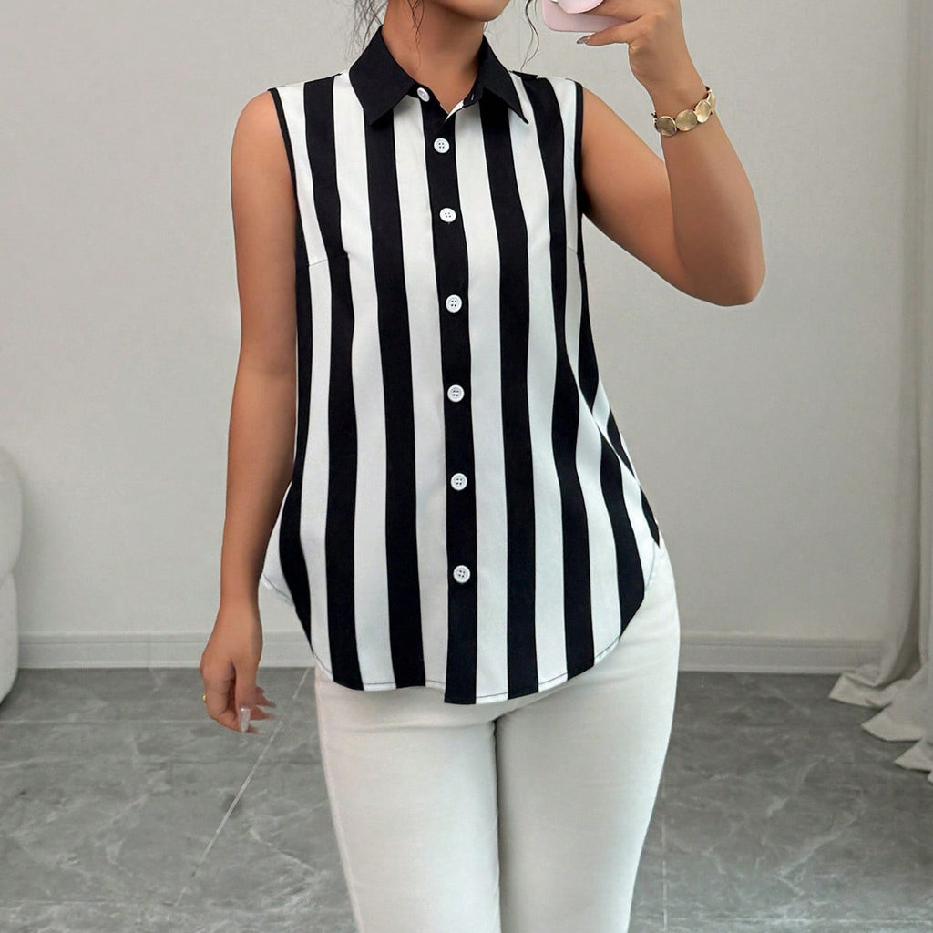 Collared SL Button Striped Printed T shirt Shirt Top for