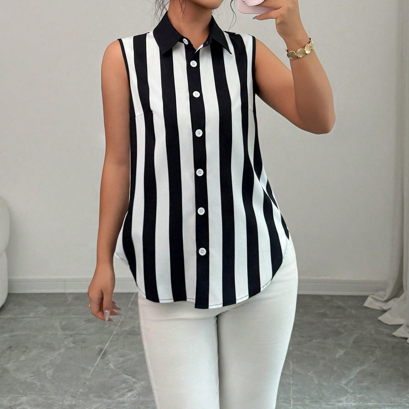 Collared SL Button Striped Printed T shirt Shirt Top for
