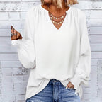 Women's V-Neck Chiffon Blouse – Loose Long Sleeve