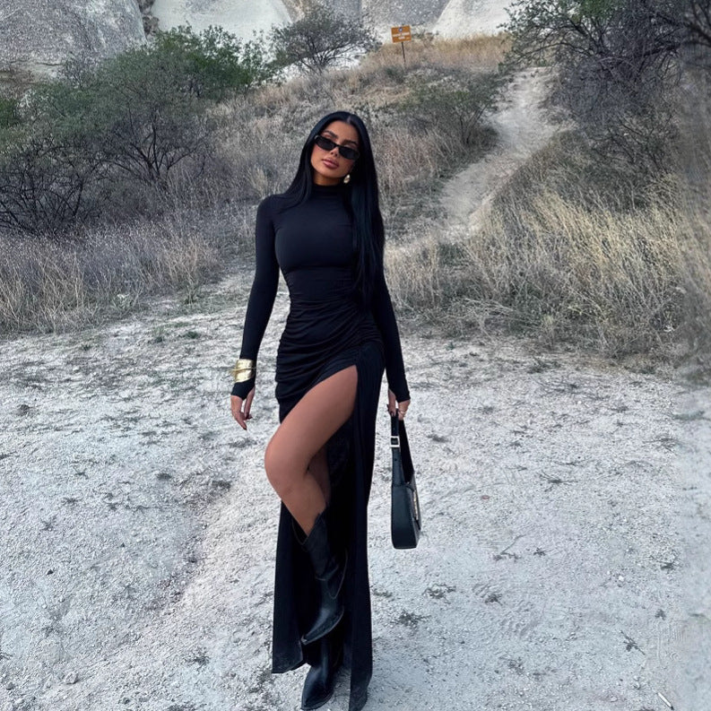 High-Neck Long-Sleeve Ruched Split Maxi Dress