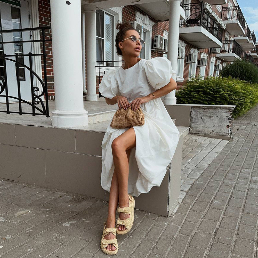 Cotton round Neck Puff Sleeve Dress Spring Summer Solid Color Loose Casual f