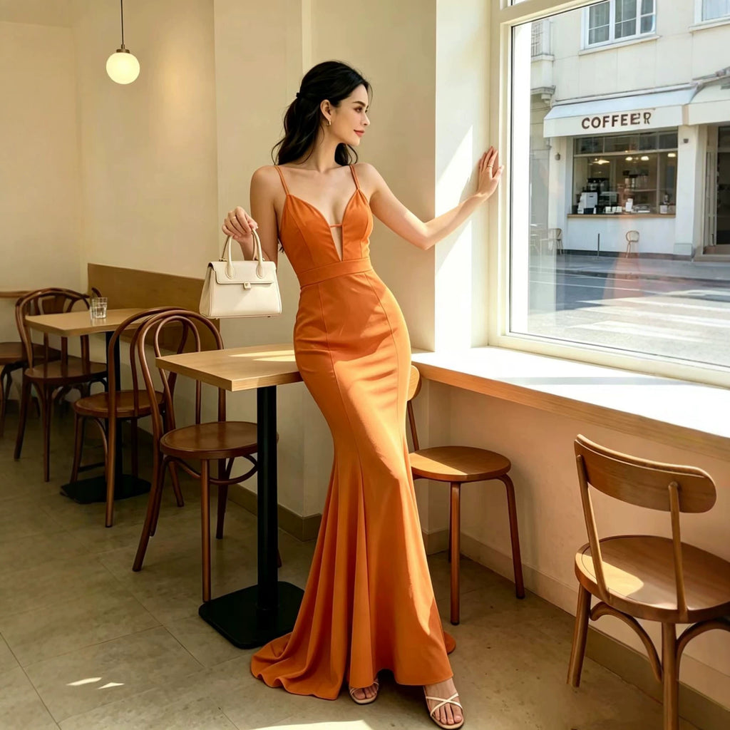 Women's Backless V-Neck Fishtail Maxi Dress