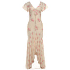 Light pink floral maxi dress with V-neck and short flutter sleeves, gathered waist, slit hem