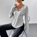 Women's Casual Long Sleeve T Shirt Women V Neck Curved Hem Loose Slimming Basic Bottoming Top
