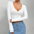 Women's Women Clothing Sexy V Neck T Shirt Autumn Winter Solid Color Cropped Long Sleeve Top