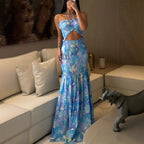 Women's Floral Halter Smocked Ruffled Vacation Maxi Dress