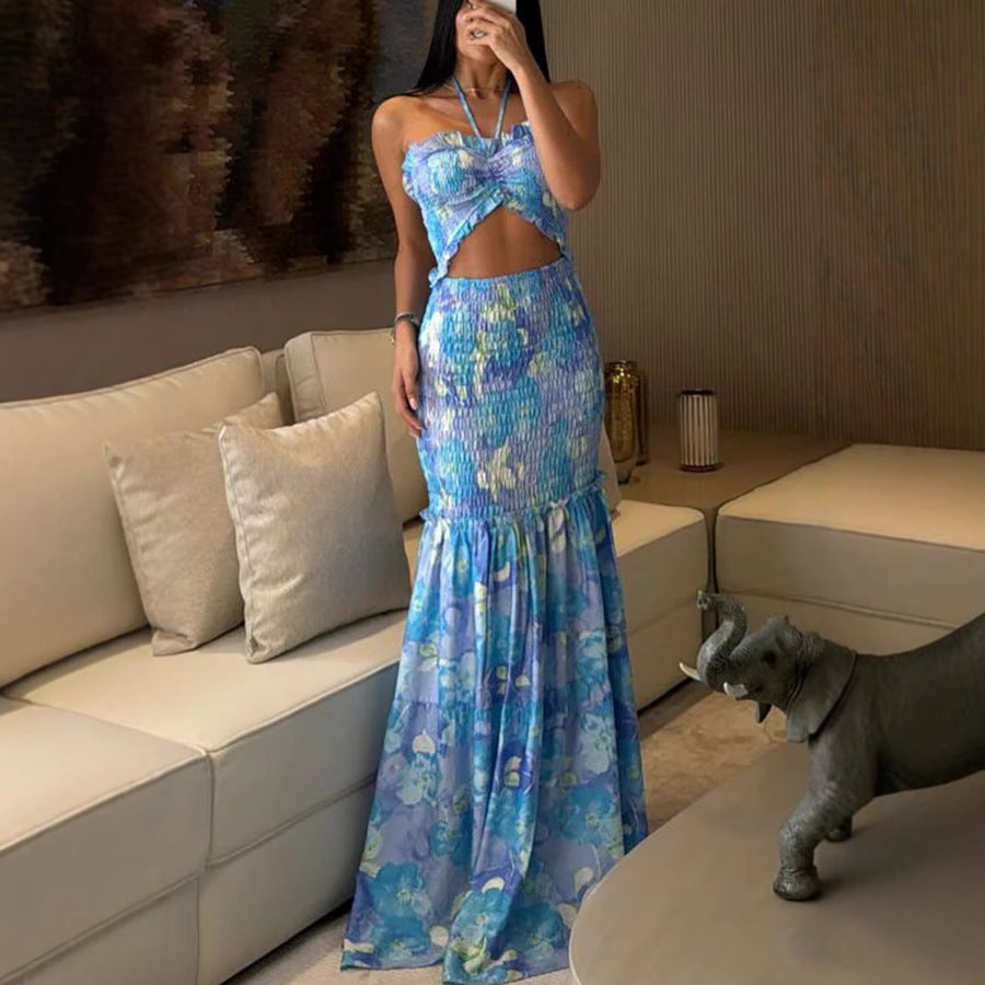 Women's Floral Halter Smocked Ruffled Vacation Maxi Dress