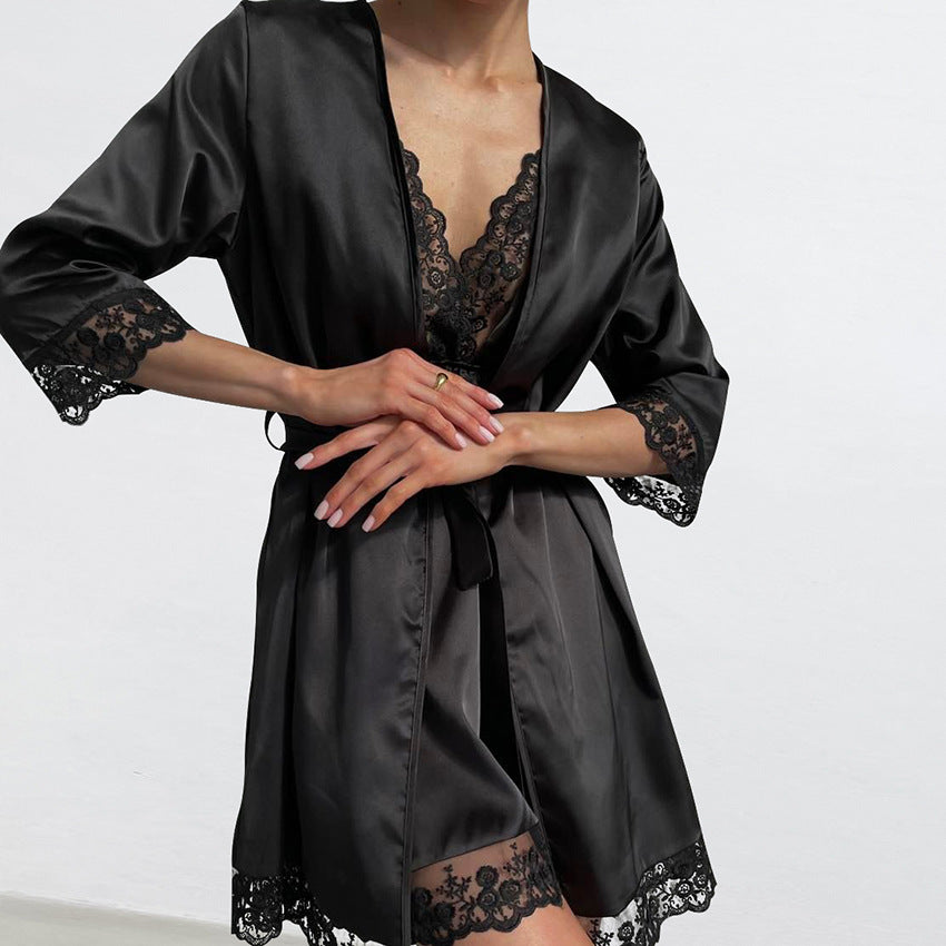 Summer Satin Stitching Lace Nightdress Nightgown Two Piece Set Women Slim Fit Breathable Home Clothing