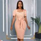 Women's 3D Floral Bow Sequin Bodycon Midi Dress