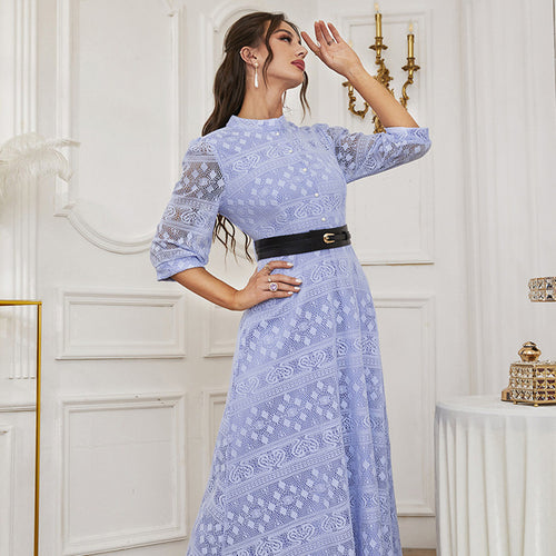 Women's Stand-Collar Mesh Belted Maxi Dress