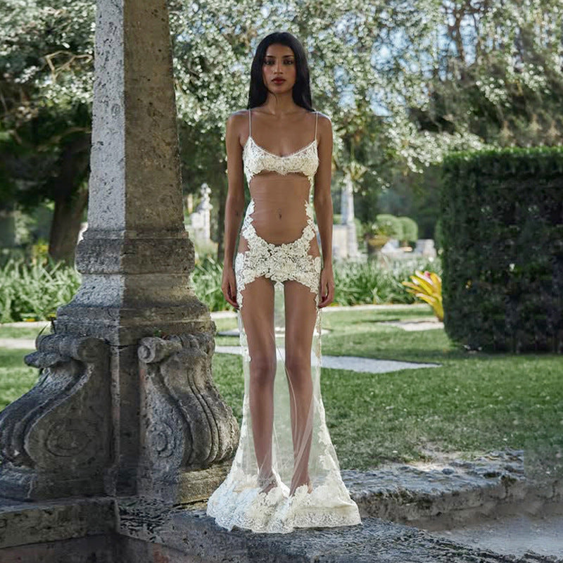 Women's Floral Lace Mesh Cami Bodycon Maxi Dress