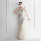 Women's Popular Mesh Beads Sequined Dress Long Evening Dress Star Event Exhibition Stage