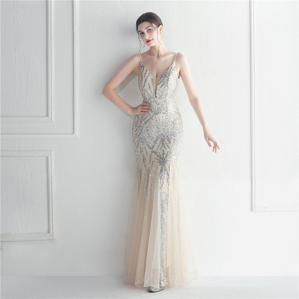 Women's Popular Mesh Beads Sequined Dress Long Evening Dress Star Event Exhibition Stage