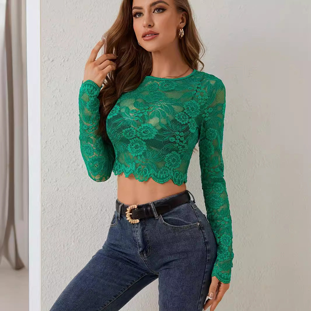 Women’s Black Lace Embroidered Cropped Long Sleeve Top