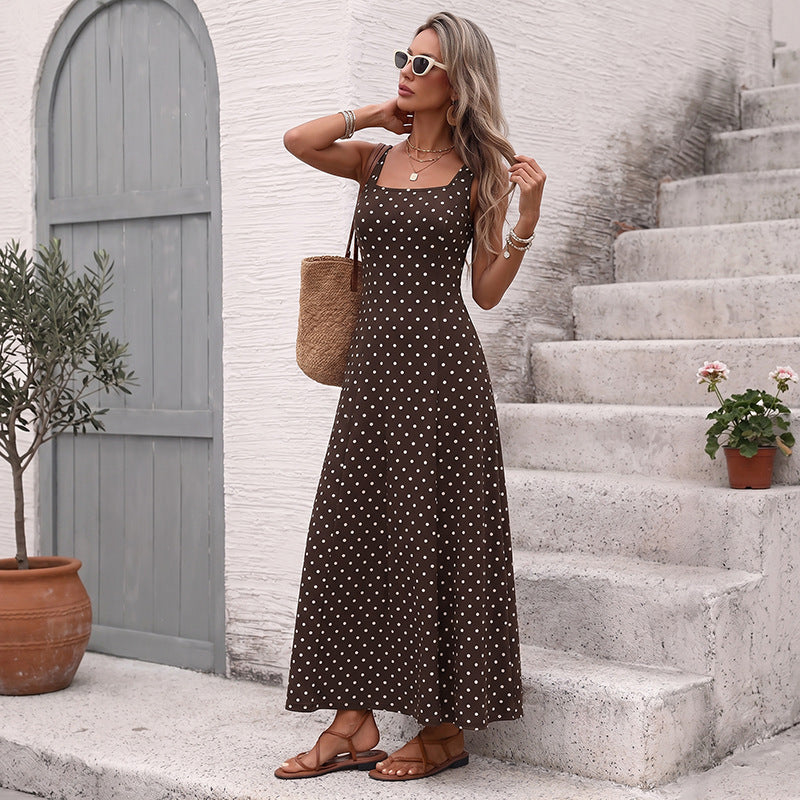 Coffee brown polka dot sleeveless ankle-length dress, side view