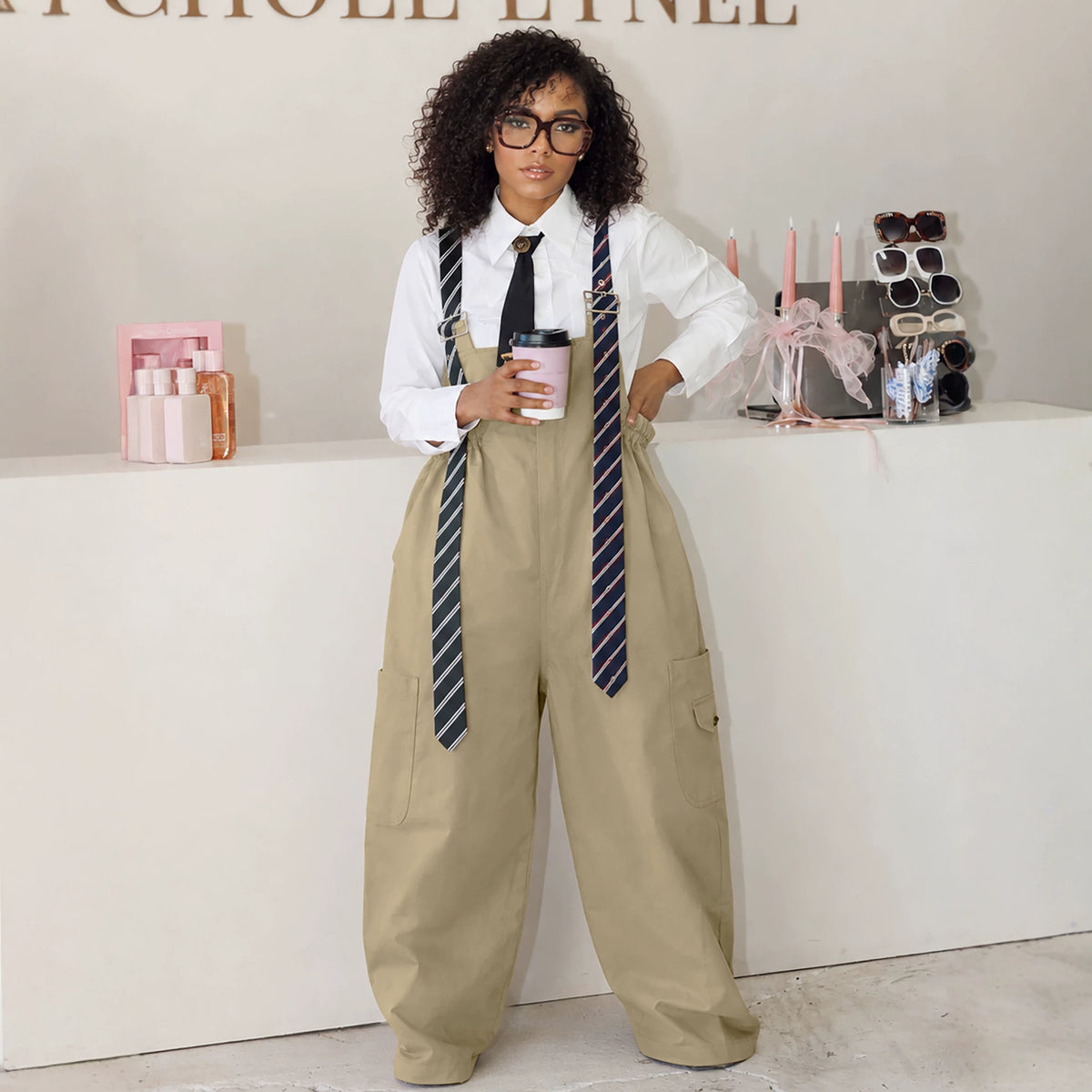 Loose Strap Wide Leg Pants High Waist Work Pockets Casual