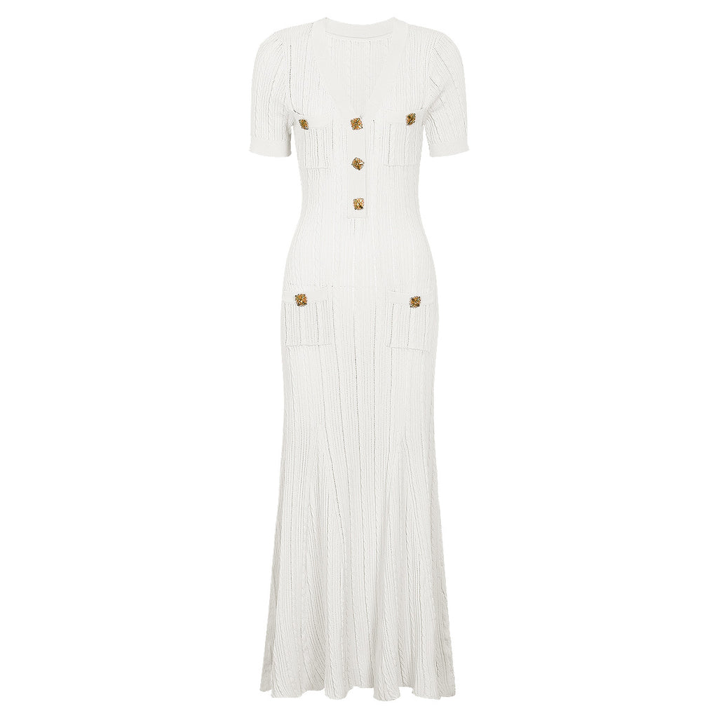 White maxi short sleeve dress with ribbed texture, decorative buttons and patch pockets