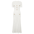 White maxi short sleeve dress with ribbed texture, decorative buttons and patch pockets