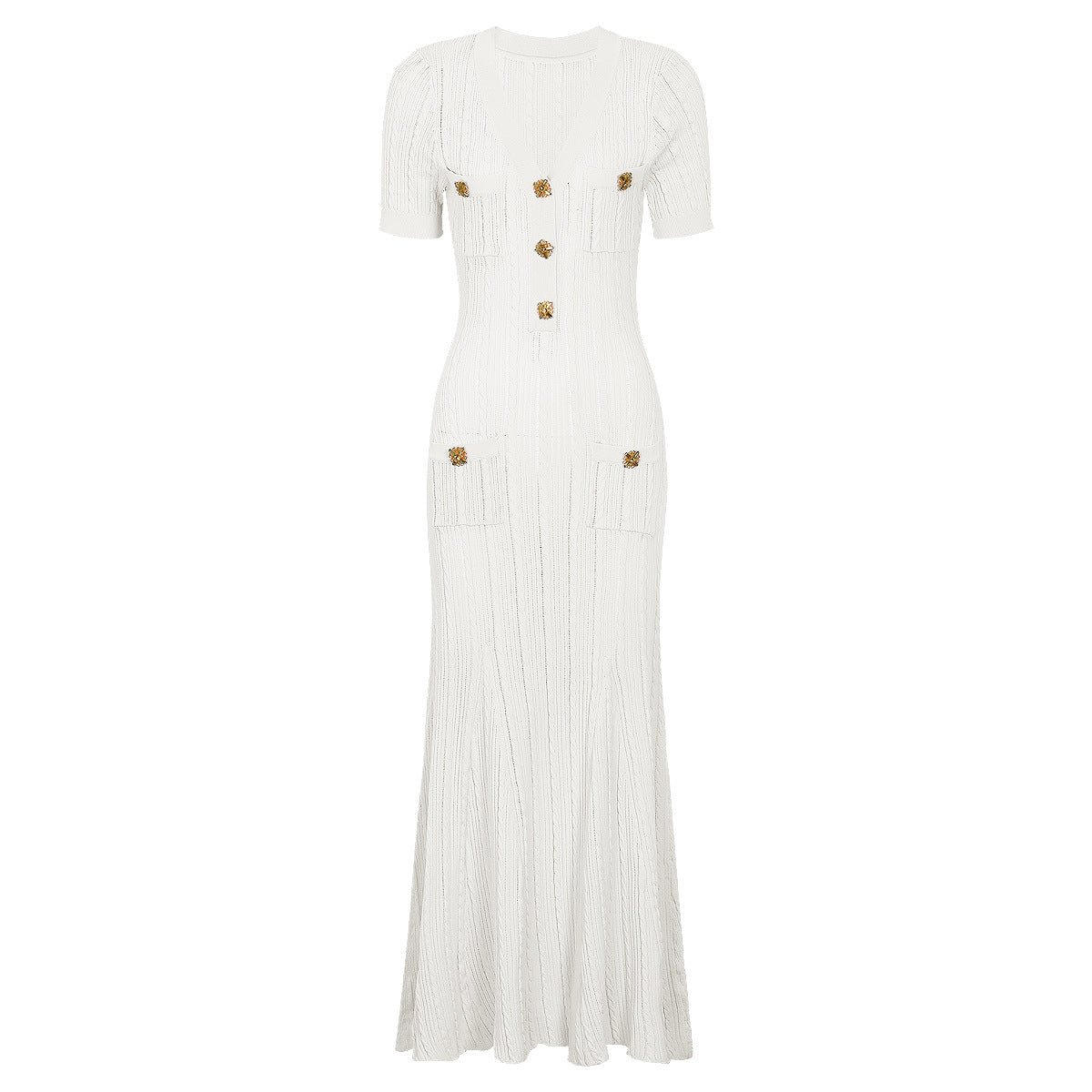 White maxi short sleeve dress with ribbed texture, decorative buttons and patch pockets