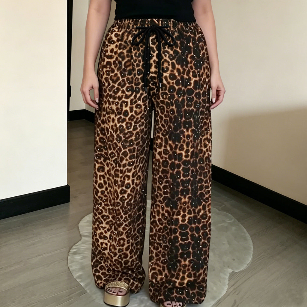 Women's Rhinestone Leopard Print Wide-Leg Pants