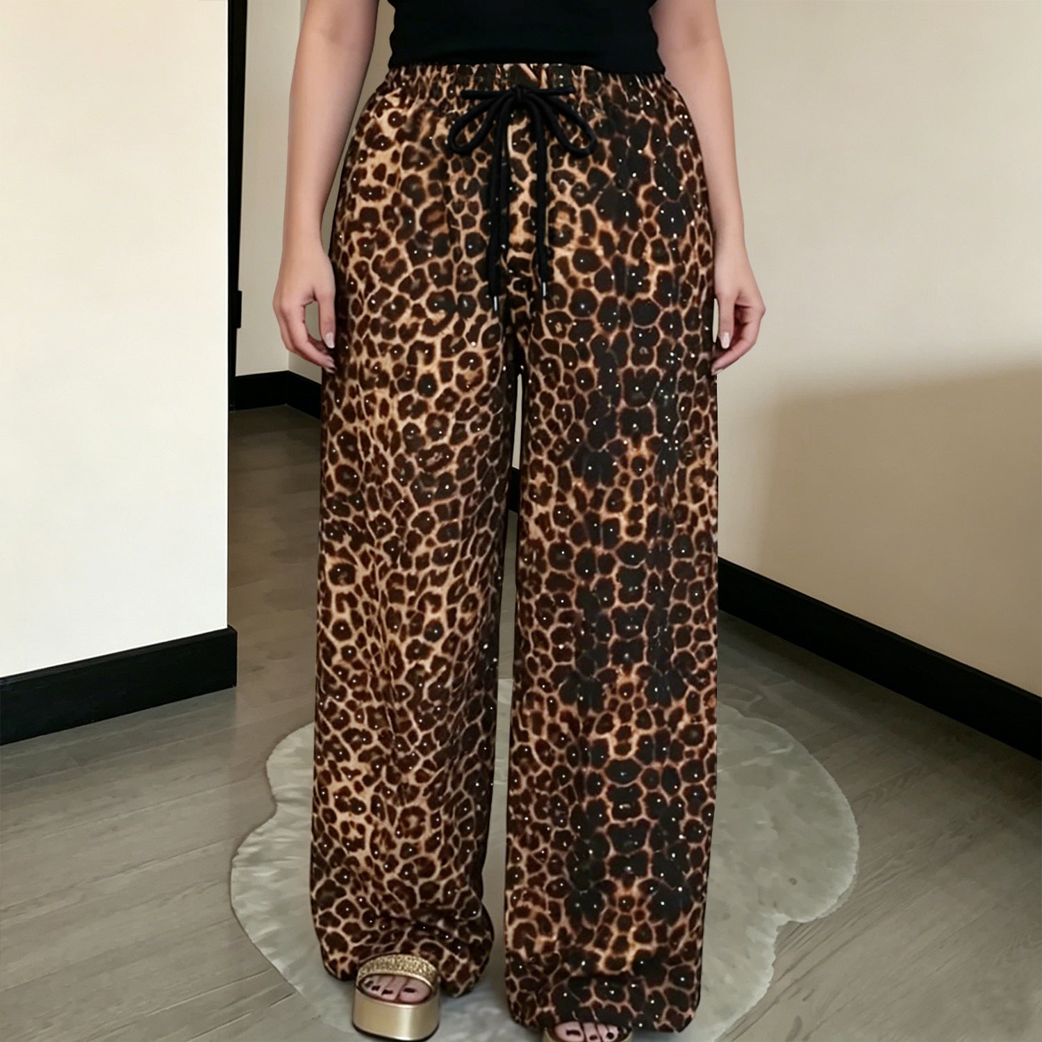 Women's Rhinestone Leopard Print Wide-Leg Pants