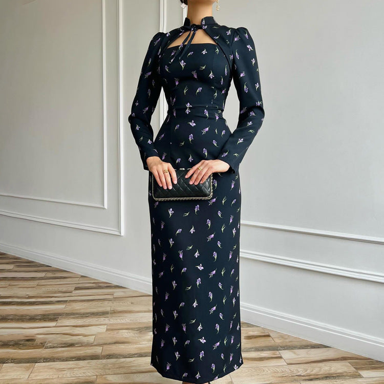 Floral Tie-Neck Slit Bodycon Maxi Dress