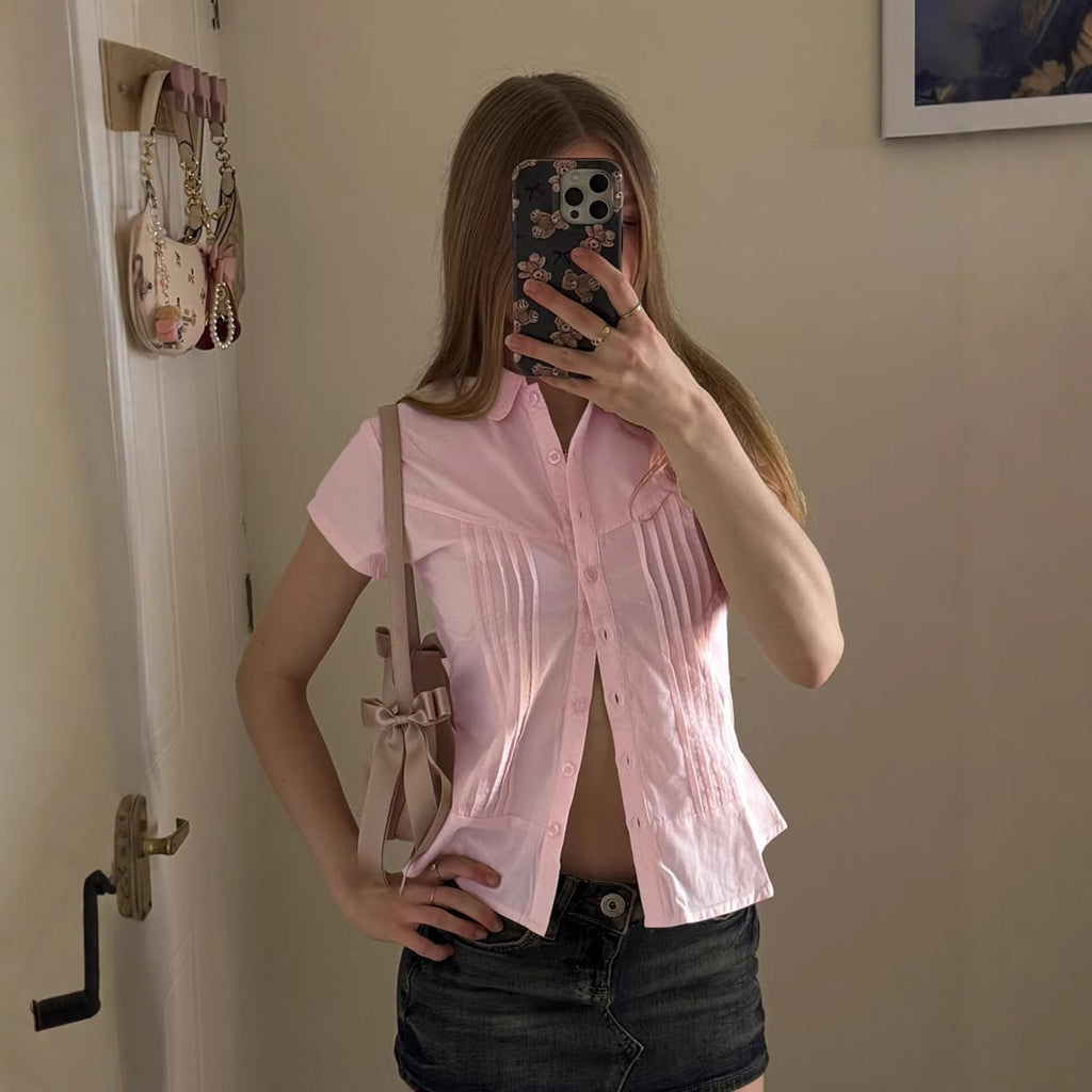 Women's Trimming Shirt Trend Wear Fresh Solid Color Short Sleeve