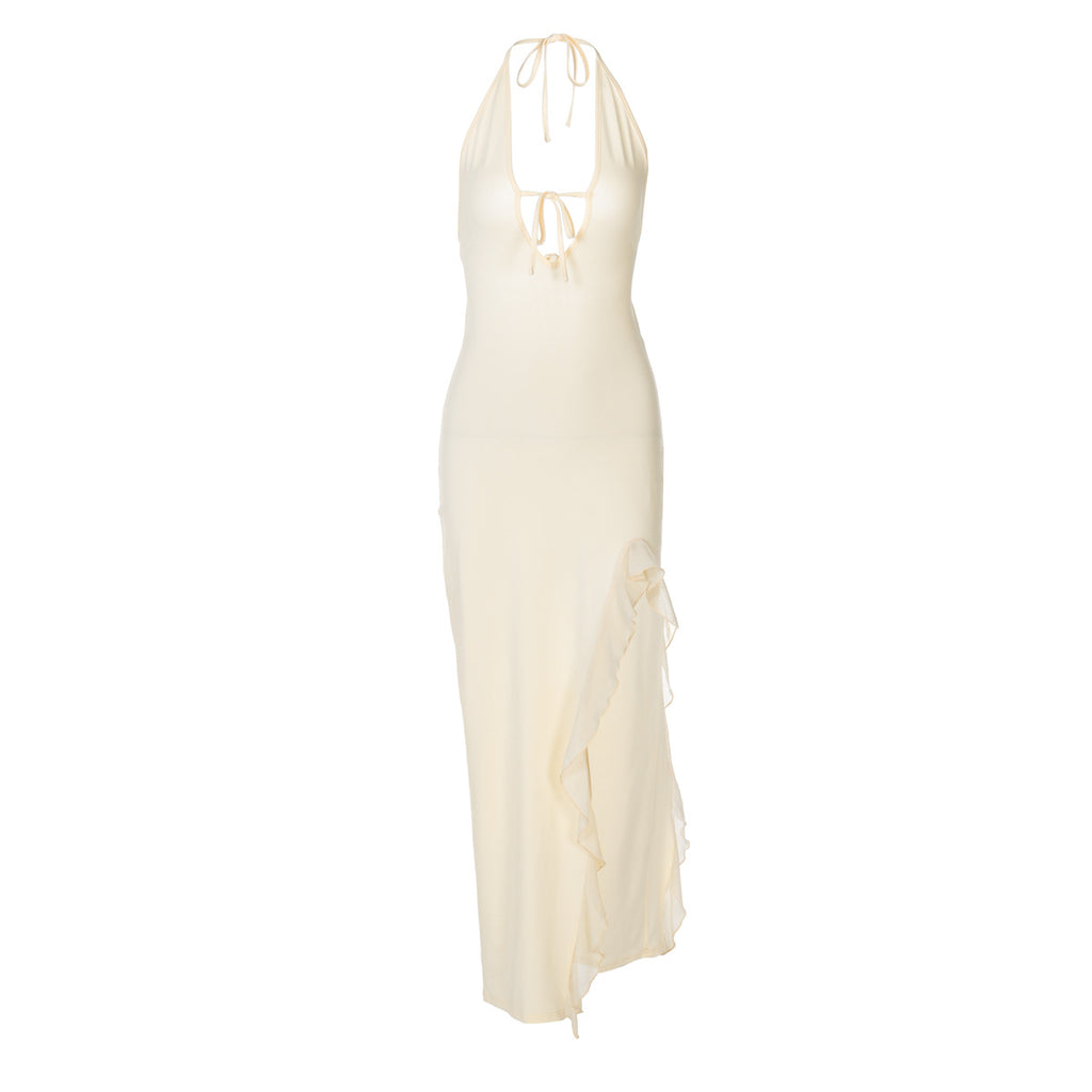 Winter Ruffled V neck Lace up Backless Dress