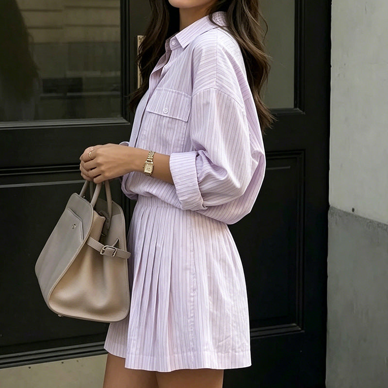 Women Clothing French Striped Shirt Pleated Skirt Set