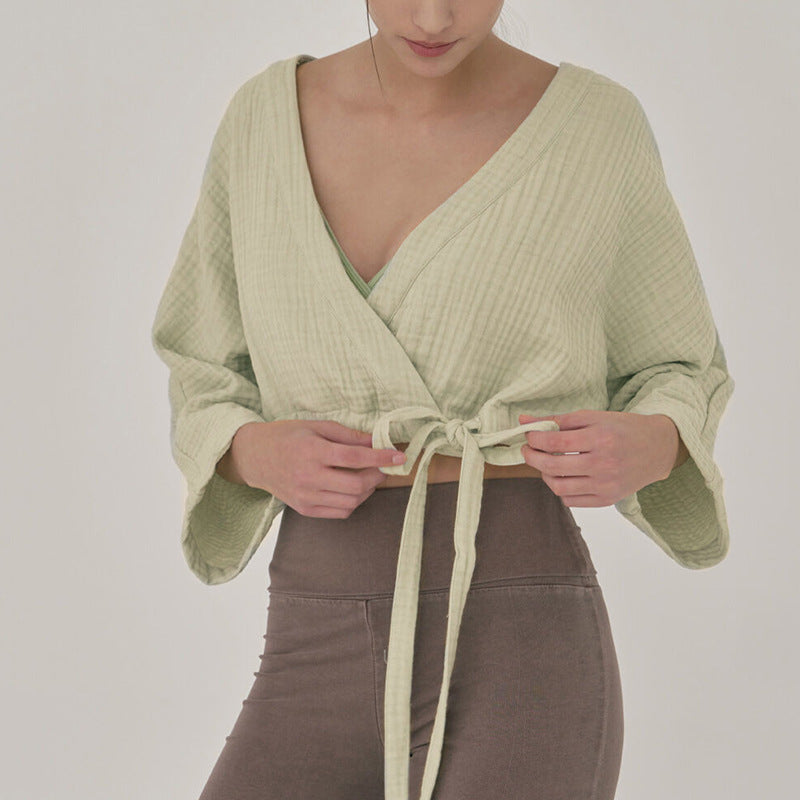 Women's Sports Top Double Layer Gauze Breathable V Neck Cardigan Drawstring Waist Tight Cropped Blouse Women