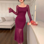 Women's Fall Slim Mesh Stitching Fishtail Flare Sleeve Maxi Dress