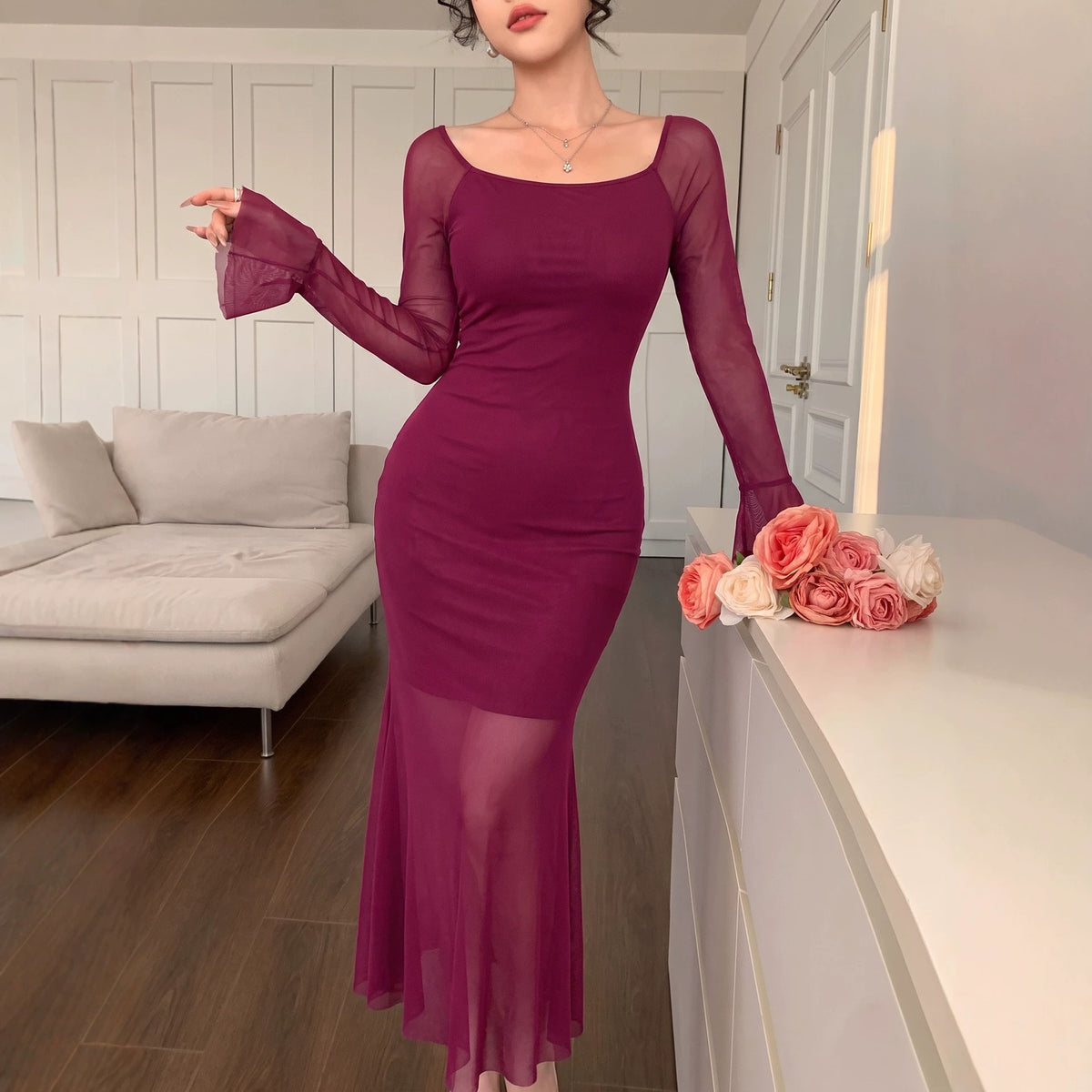Women's Fall Slim Mesh Stitching Fishtail Flare Sleeve Maxi Dress