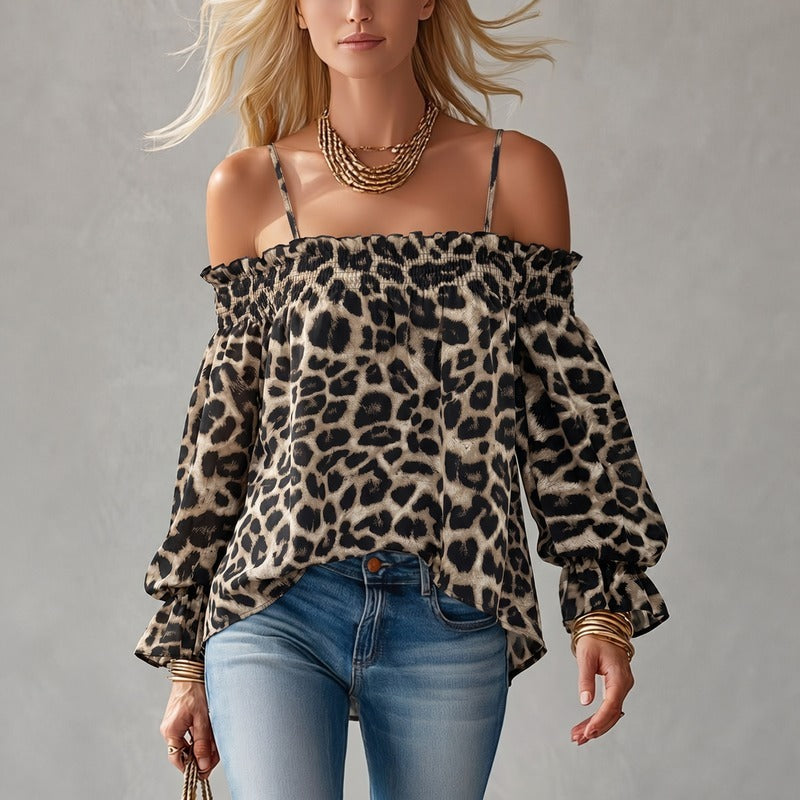 Women's Animal Print Ruffle Long-Sleeve Top