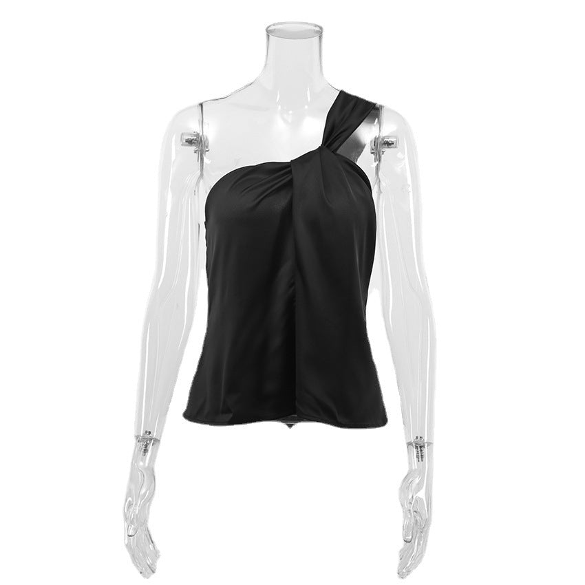 's Vest Oblique Shoulder Satin Base Fashion Klein Blue Top Can