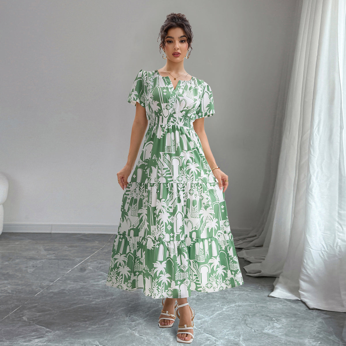 Puff-Sleeve V-Neck Holiday Dress