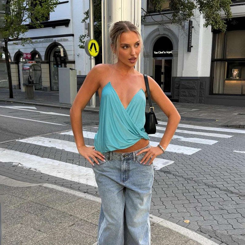 Women's Spring Women Clothing Sexy Slim Solid Color V Neck Brace Sleeveless Backless Trendy T Shirt Women