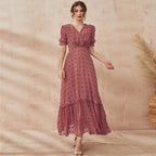 V-Neck Puff Short-Sleeve High-Waist Solid-Color Dress