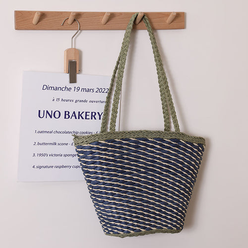Women's Design Contrast Color One Shoulder Straw Bag Twill Woven Tote Seaside Vacation Beach Bag