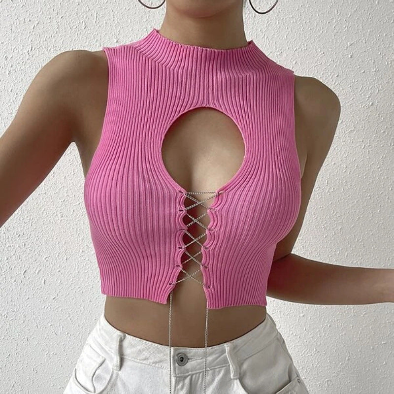 's Top Hollow Out Cutout Out Strap Solid Color Short Slim