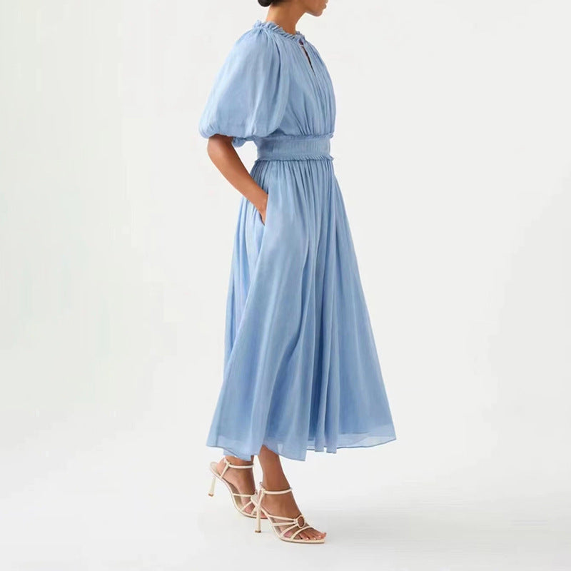 Women's Puff-Sleeve Ruffle Mesh Maxi Dress