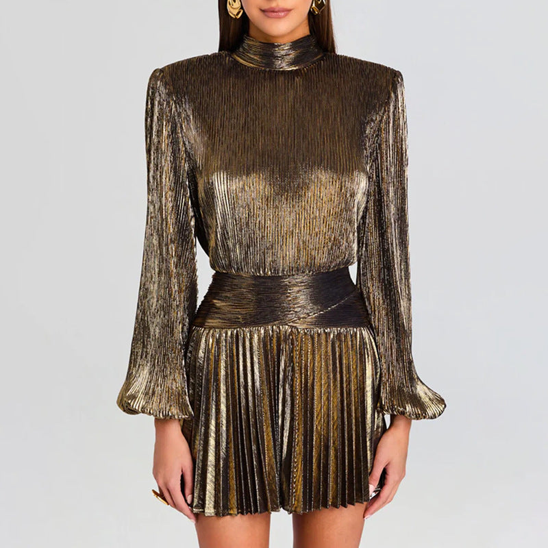 Luxury High End Cocktail Dress High Neck Long Sleeve Design Cross Pleated Waist Tight Dress