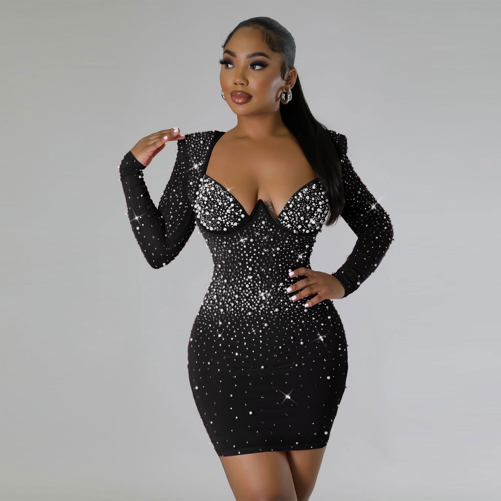 Rhinestone V-Neck Long-Sleeve Bodycon Mini Dress