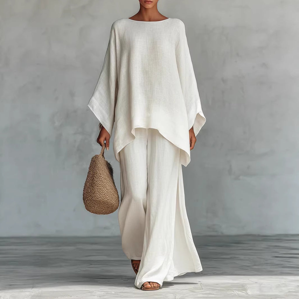 Women Elegant Simple Loose Solid Color Shirt Wide Leg Pants Two Piece Sets