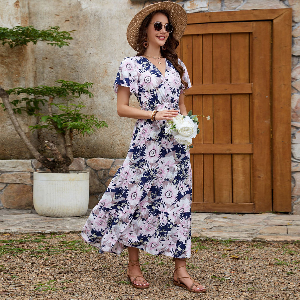 Real Shot Spring Summer Rayon Short Sleeve V neck Slim Fit Figure Flattering Maxi Dress Vacation Dress