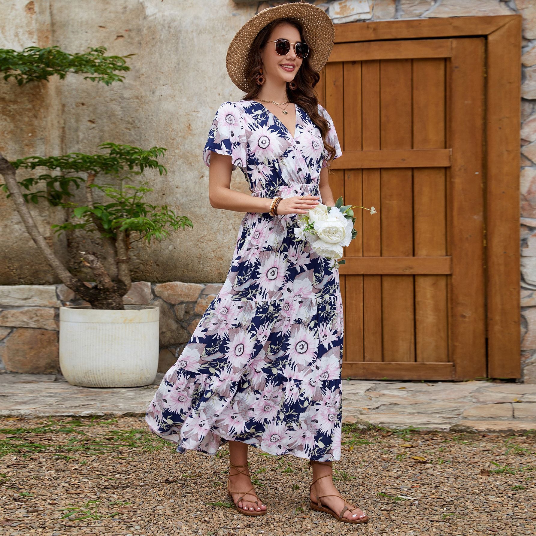 Real Shot Spring Summer Rayon Short Sleeve V neck Slim Fit Figure Flattering Maxi Dress Vacation Dress