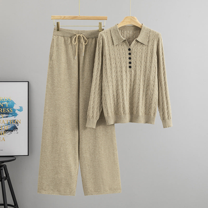 Women's Polo-Collar Cable-Knit Sweater And Wide-Leg Pants Two-Piece Set