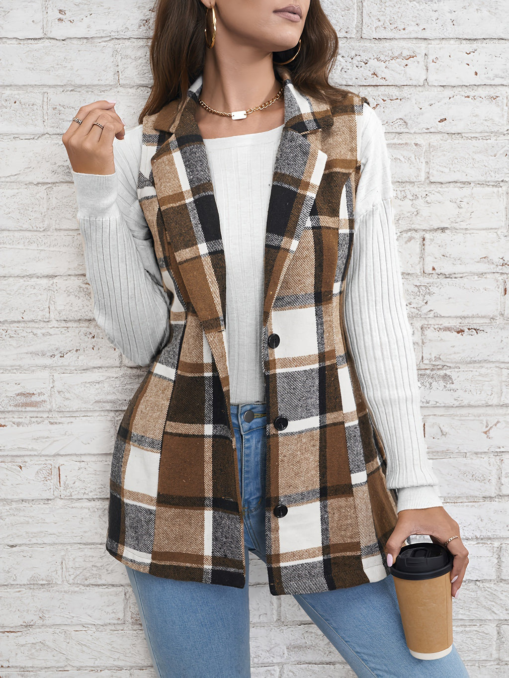 Polo Collar Plaid Vest Coat