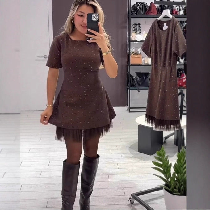 Rhinestone Hem Mesh Pleated Solid-Color Office Dress