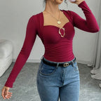 Women's Wine-Red Square-Neck Peplum Top